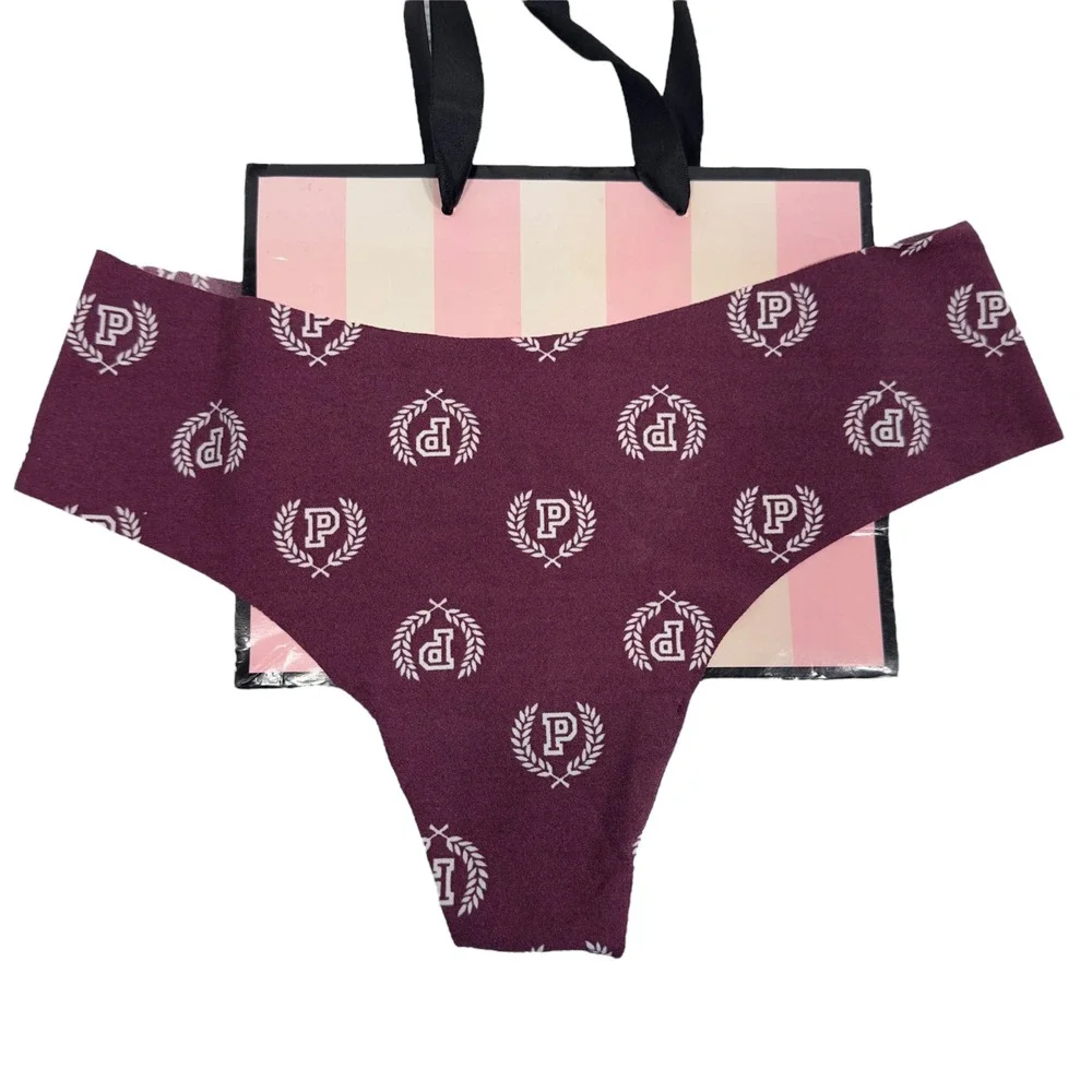 NWT Victoria's Secret‎ PINK Thong Panty Burgundy P Logo Print Lingerie M
